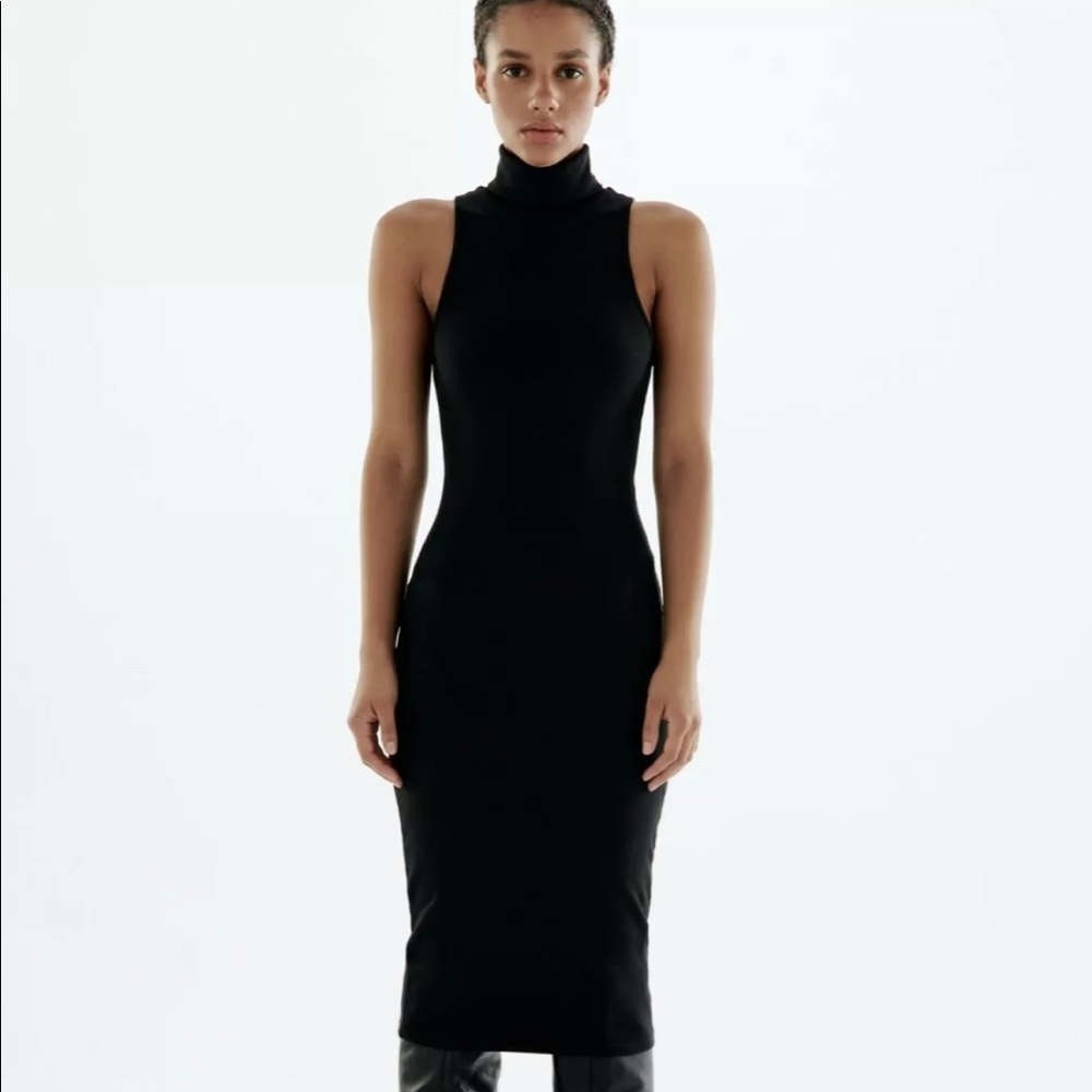 Zara Black Ribbed Turtleneck Sleeveless Midi Dress Chic Fashion